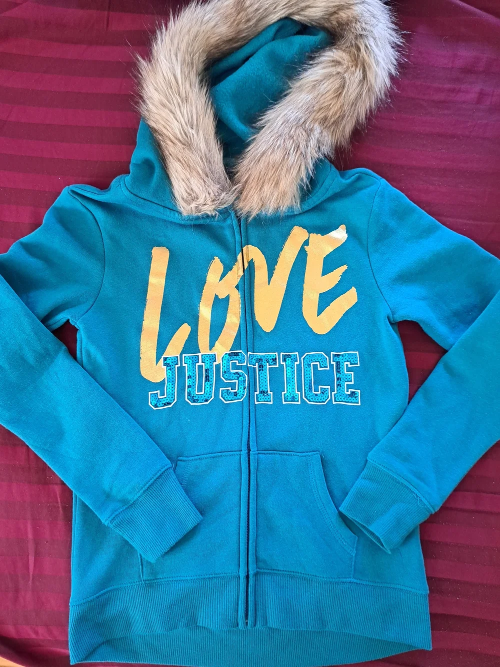 Justice Girls' Teal Hooded Jacket with Faux Fur Trim
